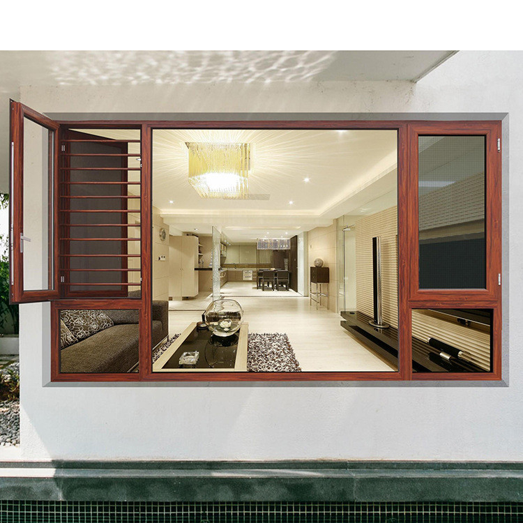 Tempered Glass Aluminum Champagne Color Aluminum Casement Windows With Folding Screen