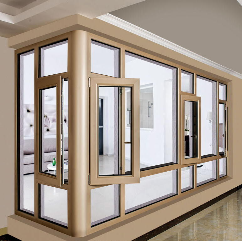 Tempered Glass Aluminum Champagne Color Aluminum Casement Windows With Folding Screen